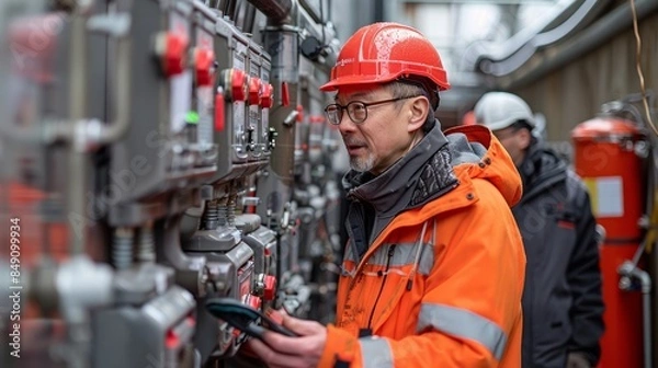 Fototapeta Engineer working alongside a construction team, guiding the installation of plumbing systems.