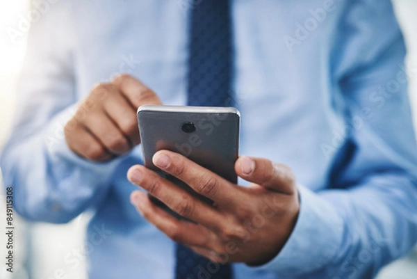 Fototapeta Business, hands and man with cellphone, typing and internet with digital app, professional and connection. Consultant, agent and employee with smartphone, social media and contact with website info