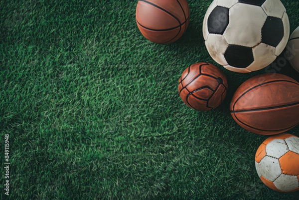 Obraz Various sports balls, including football, soccer, basketball, and others, scattered on green grass, copy space
