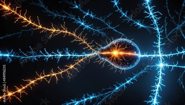 Fototapeta A neural link with bioluminescent pathways merges technology and biology, illustrating a concept of neural integration and an abstract graphic resources.