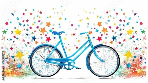 Fototapeta Bicycle: A blue bicycle on a white background, with colorful stars dancing around its frame