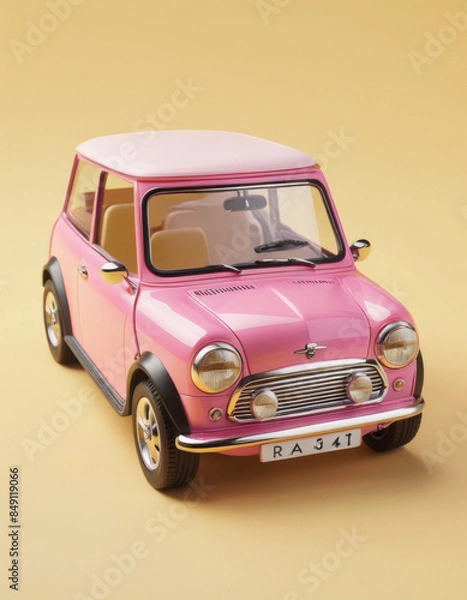 Fototapeta A 3D pink mini car with a cute design on a pastel yellow background.