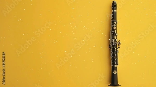 Fototapeta Clarinet: A sleek black clarinet set against a yellow background, with tiny white stars twinkling around it