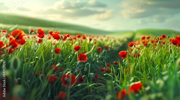 Fototapeta Vivid red poppy flowers blooming in a lush green field under a bright blue sky. AI-generated image perfect for nature-themed content, background design, or desktop wallpapers. AI