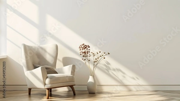 Fototapeta The serene elegance of a living room interior featuring a comfortable armchair and tasteful furnishings, set against a pristine white wall, captures a harmonious blend of comfort and style.