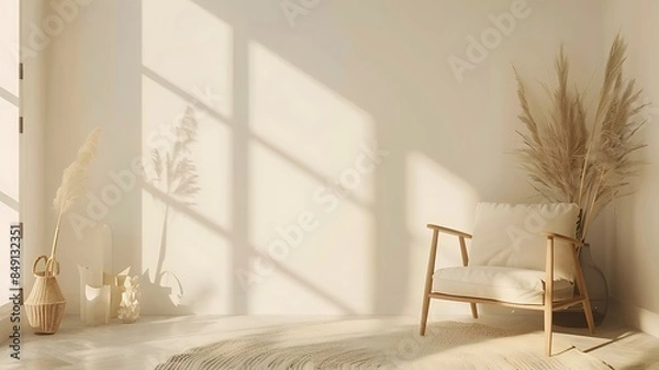 Fototapeta The serene elegance of a living room interior featuring a comfortable armchair and tasteful furnishings, set against a pristine white wall, captures a harmonious blend of comfort and style.