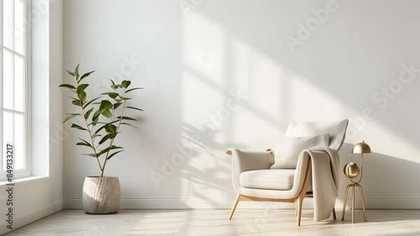 Fototapeta The serene elegance of a living room interior featuring a comfortable armchair and tasteful furnishings, set against a pristine white wall, captures a harmonious blend of comfort and style.