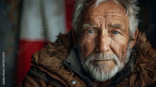 Fototapeta The image shows a person wearing a warm jacket with their face intentionally obscured, focusing on the outfit