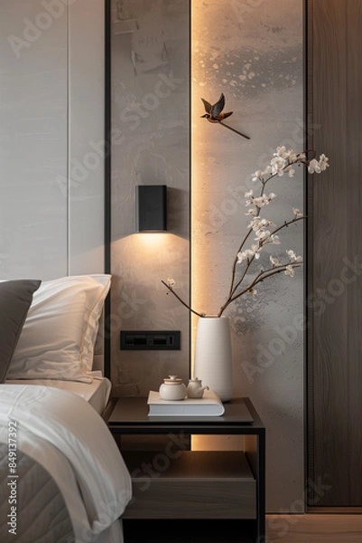 Fototapeta Minimalist bedroom, gray tone, marble, mood lighting, lighting, flower pot, white and gray bedding, close-up