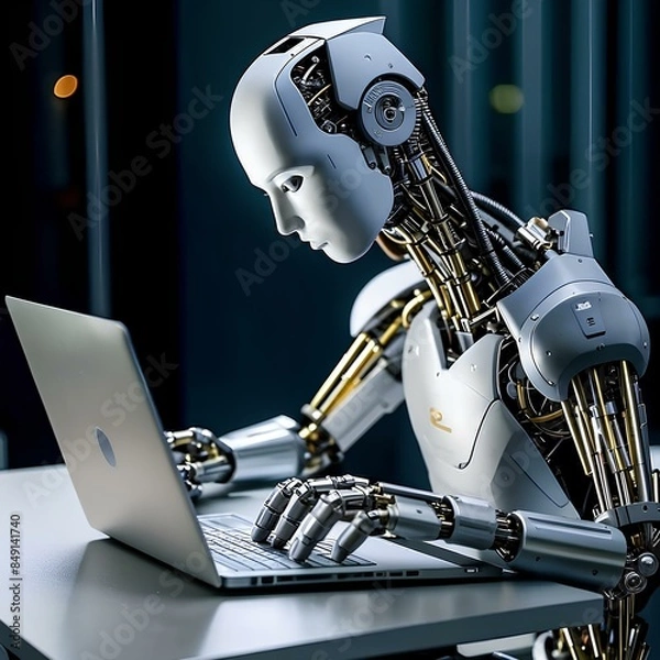 Obraz the robot is working on a laptop, the topic of artificial intelligence