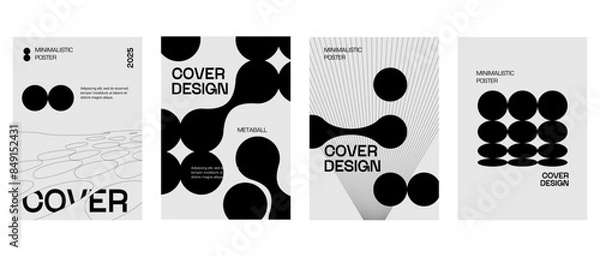Fototapeta Posters with silhouette minimalistic basic figures, extraordinary graphic assets of geometrical shapes swiss style. Modern minimal monochrome print brutalist.