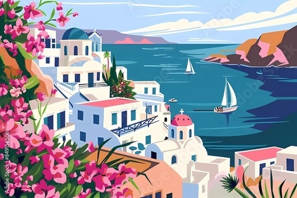 Obraz Santorini coast,seashore,Summer landscape,white houses. Travel in Europe. Poster,postcard,print,template
