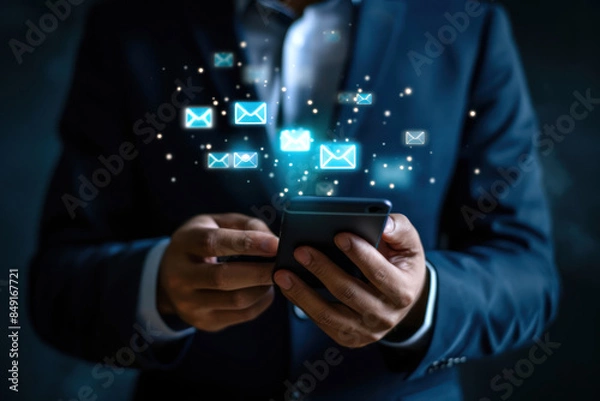 Fototapeta Businessman holding a phone with a message icons. Online communication and internet concept. Correspondence on social networks. Modern technologies.