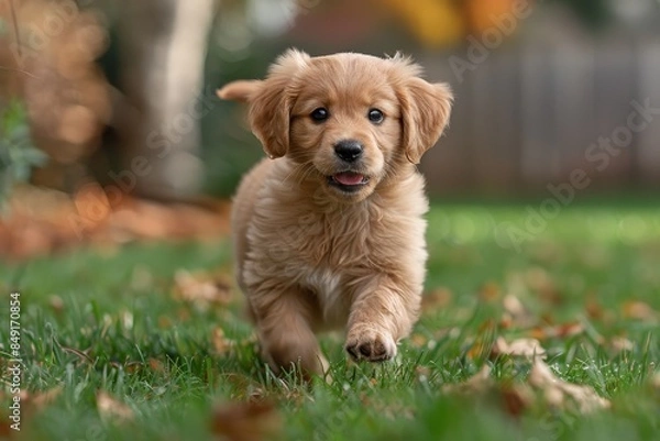 Fototapeta Baby Puppy: A playful puppy with floppy ears, running through a grassy yard. 