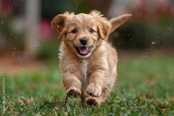 Fototapeta Baby Puppy: A playful puppy with floppy ears, running through a grassy yard. 