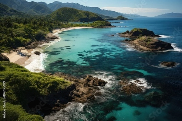 Fototapeta Paradisiacal beaches and exuberant forests in Tayrona, Colombia., generative IA