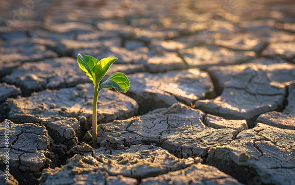 Obraz A close up of a small green plant sprouting on cracked dry land, symbolizing life in the face of harsh conditions and environmental challenges, enviromental care concept, world environment day, plant 