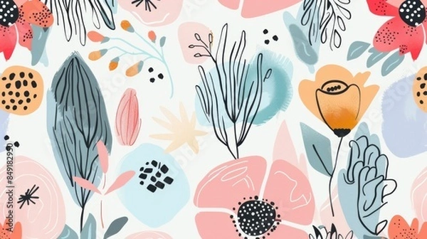 Fototapeta Seamless background with flat illustration of floral and abstract shapes for an elegant design.