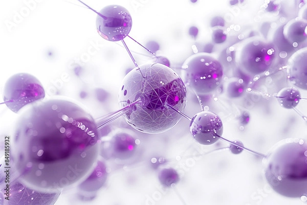 Fototapeta background with bubbles. 3 d render of white and purple abstract background with interconnected spheres, wires and beads on light grey backdrop