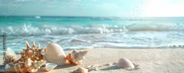 Fototapeta Summer background featuring a sandy beach with seashells and a calm blue ocean: Serene and coastal, perfect for a beachcombing theme