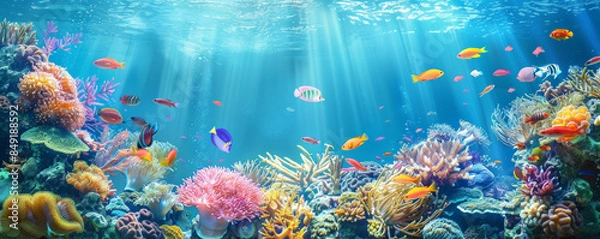 Fototapeta Tropical background with a vibrant coral reef and colorful fish swimming: Dynamic and lively, perfect for an underwater tropical scene