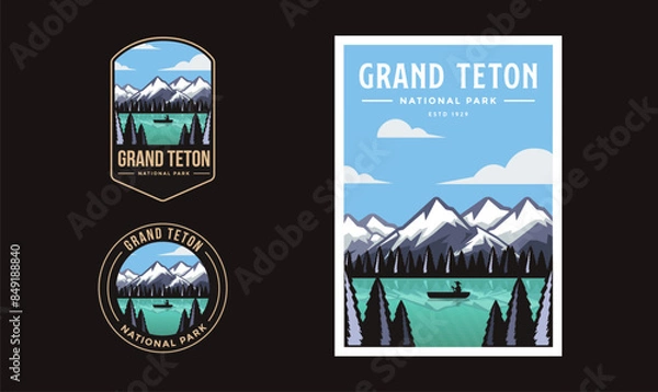 Fototapeta Set of Grand Teton National Park graphic illustration badge poster vector