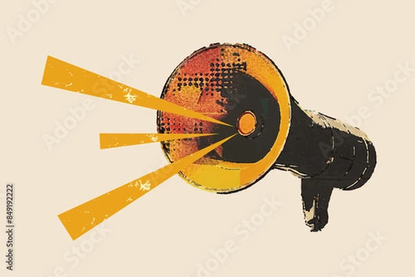 Obraz Trendy retro collage with megaphone and yellow beams of sound. Vector loudspeaker with halftone elements. Vintage pop art composition banner 