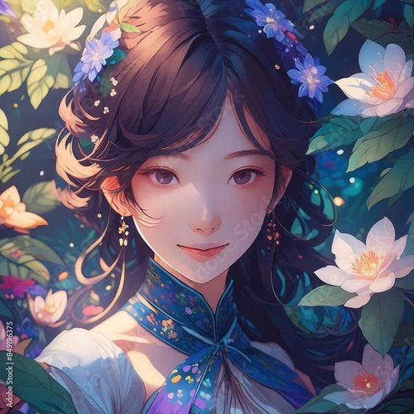 Obraz 애니메이션 이국적인 세계와 빛에 있는 젊은 갈색 머리 관능적이고 아름다운, 신비한 여자의 초상화