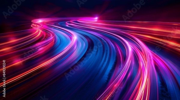 Fototapeta Vibrant Glowing Light Trails on Nighttime Highway Blurred Motion Abstract Background