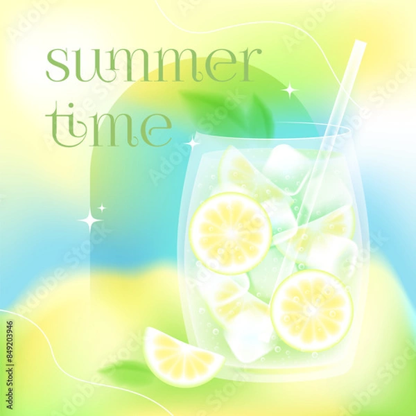 Fototapeta Dreamy summer cocktail with lemon mint ice cubes on blurred background. Mahito or lemonade. Media social post template with text summer time.Vector stock illustration.
