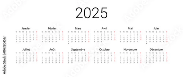 Obraz French 2025 calendar. Vector illustration design template start from monday. Full months for wall calendar