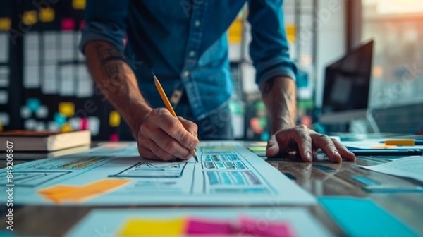 Fototapeta Photo of a young man drawing template for digital marketing related websites. Current trends and trends in UX / UI design. Business people controlling companies remotely, like freelancers.