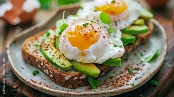 Fototapeta A nutritious breakfast of avocado toast and poached eggs