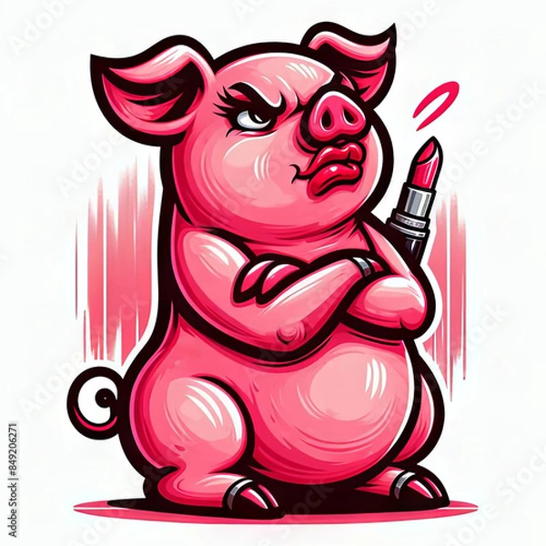 Fototapeta Illustration of a sassy pig with crossed arms and lipstick, conveying attitude and humor in a vibrant cartoon style.