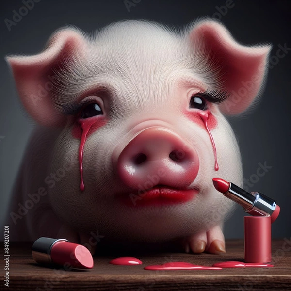 Fototapeta A photorealistic image shows a pig with teary eyes next to a fallen tube of red lipstick, implying sadness or distress
