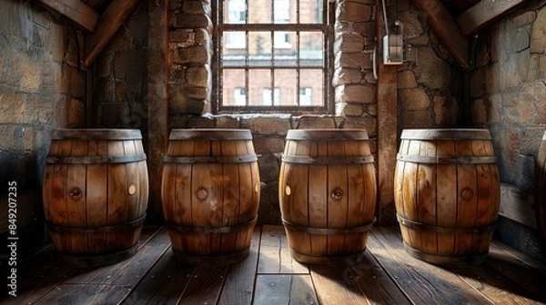 Obraz Four wooden barrels in a room with a window