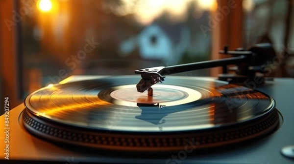 Fototapeta Retro turntable record player with a vinyl record on it.