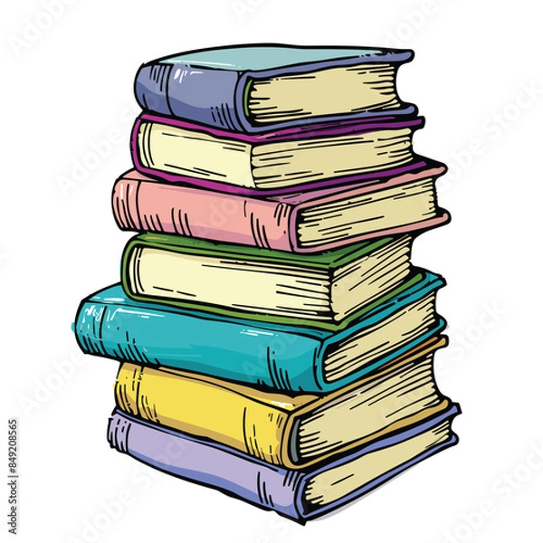 Fototapeta Stack colorful books cartoon style, education reading concept. Piled books various colored covers spines, handdrawn illustration. Vibrant stack library bookstore graphic