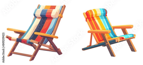 Obraz Colorful Beach Chairs, Striped beach chairs in bright colors, Summer relaxation seats on a transparent background. Generative AI