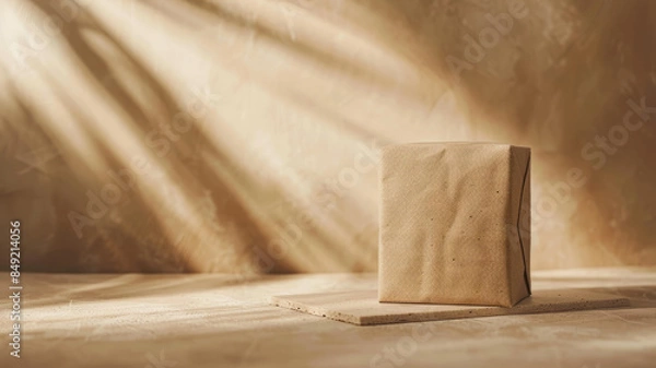 Fototapeta A paper bag on a beige surface with sunlight and shadows.