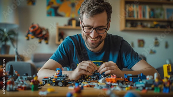 Fototapeta Exploring Kidult Phenomenon: Man in His 30s Enjoying Children's Toys in a Cute Hoodie