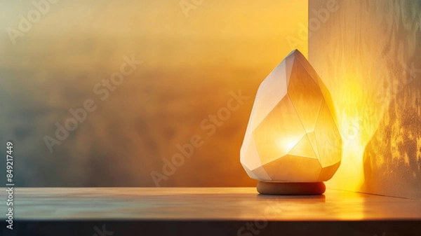 Fototapeta Geometric crystal lamp emitting warm light on a surface.