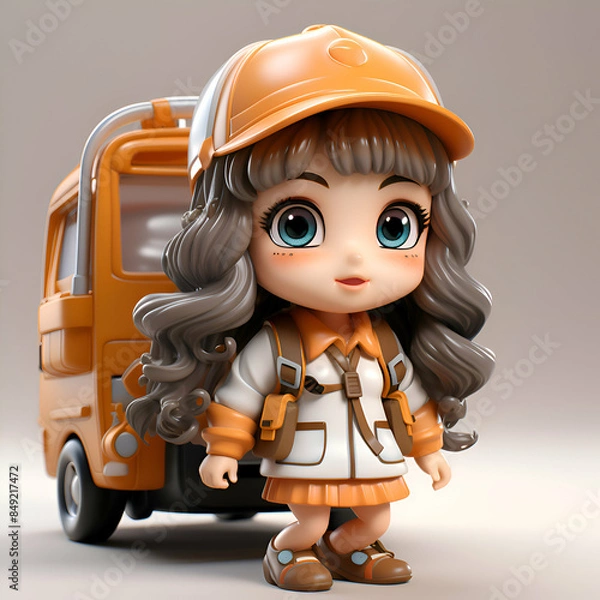 Fototapeta Cute cartoon girl with orange school bus. 3d rendering