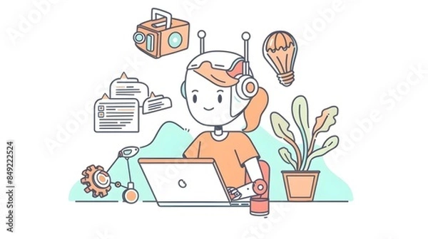 Fototapeta Assistant Providing Tech Support Solutions in Doodle Drawing Style