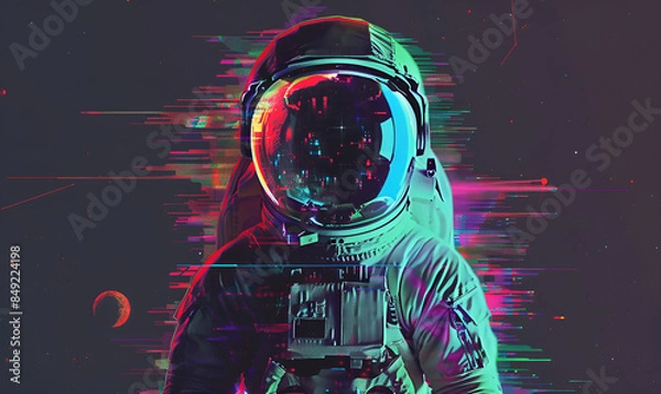 Fototapeta Astronaut in space with stars, a galaxy, a purple and blue nebula, and galaxies reflected in his helmet. "Moonwalk Mystery: Astronaut and Neon Galaxy"