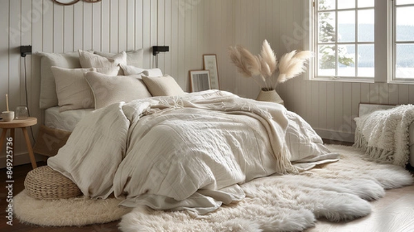Fototapeta A Scandinavian-style bedroom with unique decor, cozy bedding, and natural elements, creating a warm and inviting atmosphere.