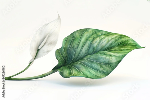 Fototapeta 3D realistic Peace Lily leaf with a white spadix, showcasing intricate details and natural green color, ideal for botanical designs.