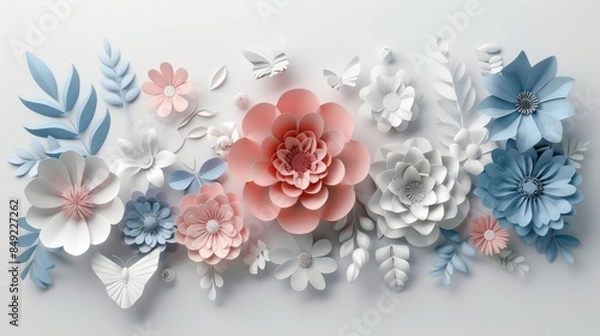 Fototapeta 3d paper flowers isolated on white background, decorative design elements, greeting card