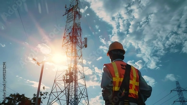 Fototapeta man in epi uniform observing power antenna station