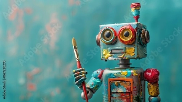 Fototapeta Robot holding a paintbrush. A classic image symbolizing the intersection of technology and traditional artistic expression.